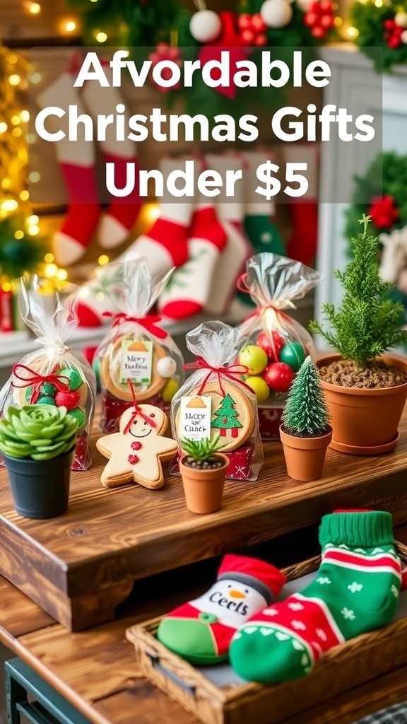 A collection of budget-friendly Christmas gifts including cookies, plants, and socks on a wooden table with holiday decorations.